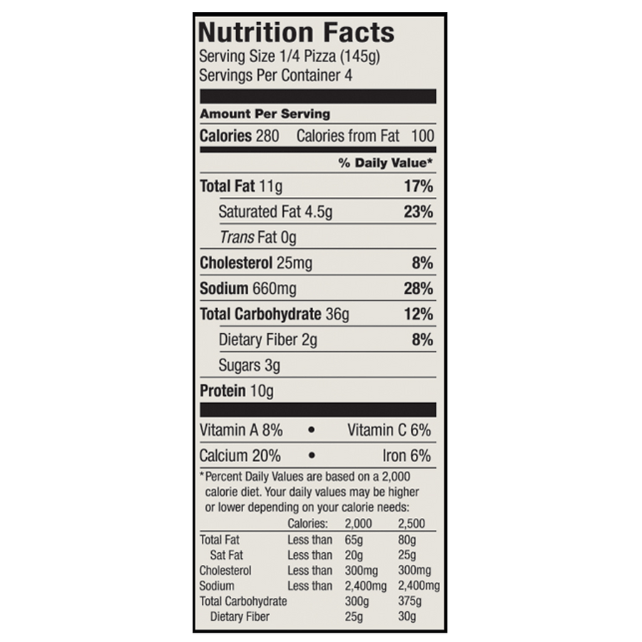 Nutrition Facts from the Etalia Margherita Pizza box